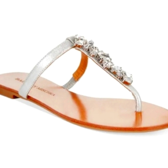 BADGLEY MISCHKA Baldan Silver Embellished Sandals Flats Crystal - Picture 1 of 4